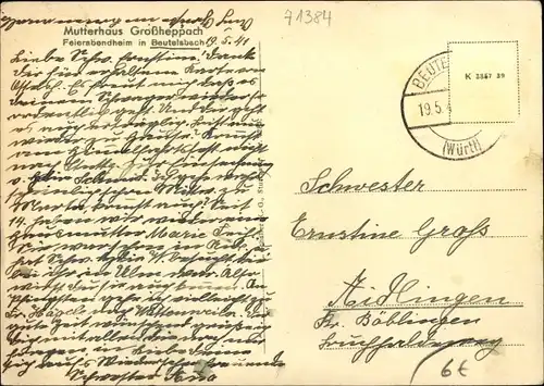 Ak Beutelsbach Weinstadt in Württemberg, Mutterhaus Großheppach