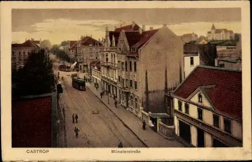 Ak Castrop Rauxel im Ruhrgebiet, Münsterstraße, Straßenbahn, Buchdruckerei