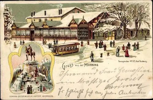 Winterlitho Duisburg im Ruhrgebiet, Monning, Gastwirtschaft, Straßenbahn, Kaiserberg, Denkmal