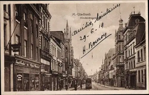 Ak Mönchengladbach, Hindenburgstraße, Geschäft Gust. Fuchs, Straßenbahn