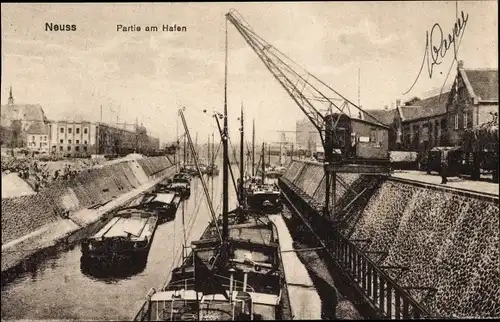 Ak Neuss, Hafen, Kran, Dampfer, Schleuse