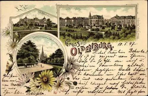 Litho Oldenburg im Großherzogtum Oldenburg, Cäcilienplatz, Gartenstraße, Lambertikirche