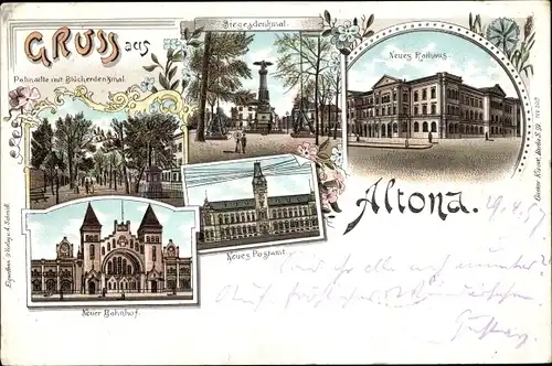 Litho Hamburg Altona, Blücherdenkmal, Neuer Bahnhof, Postamt, Siegesdenkmal, Rathaus