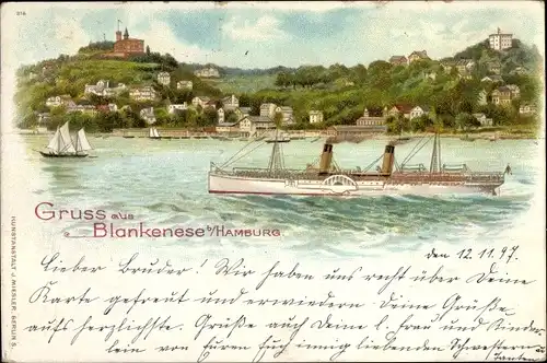 Litho Hamburg Altona Blankenese, Süllberg, Salondampfer auf der Elbe, Villenviertel, Segelboot