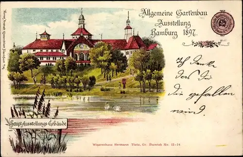 Litho Hamburg Mitte Altstadt, Allgemeine Gartenbau Ausstellung 1897, Hauptausstellungsgebäude