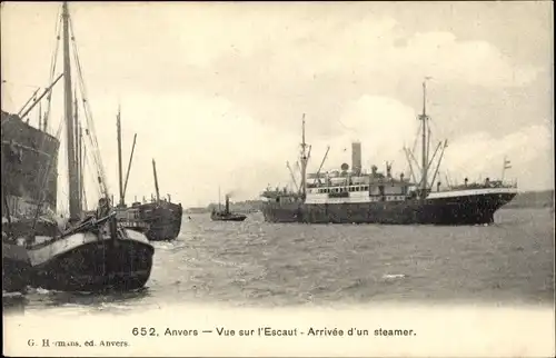 Ak Antwerpen Antwerpen Flandern, die Schelde, Ankunft eines Dampfers