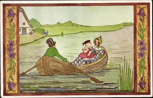 Passepartout Künstler Ak Cramer, R., Kinderdeuntjes mit Grootmoeders tijd, Schuitje varen