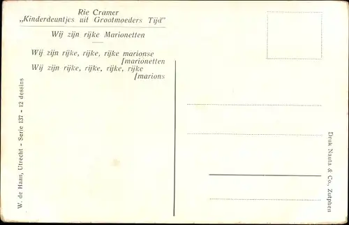 Passepartout Künstler Ak Cramer, R., Kinderdeuntjes mit Grootmoeders tijd, Marionetten