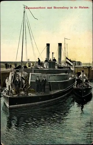 Ak Niederländisches Kriegsschiff, Kanonenboot, Schlepper, Schleuse