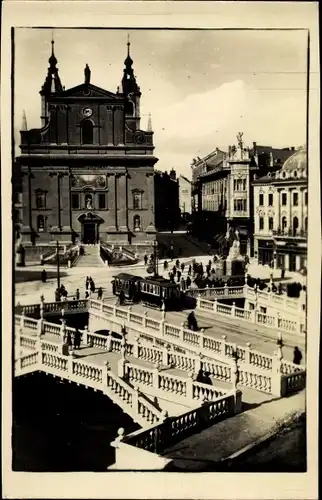 Ak Ljubljana Laibach Slowenien, Tromostovje, Straßenbahn, Kirche, Brücke