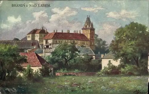 Künstler Ak Brandýs nad Labem Brandeis an der Elbe Mittelböhmen, Blick zum Schloss