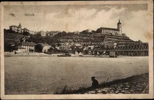 Ak Mělník Mittelböhmen, Panorama, Kirche, Brücke