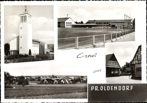 Ak Preußisch Oldendorf in Westfalen, Kirche, Schule, Fachwerkhäuser, Panorama