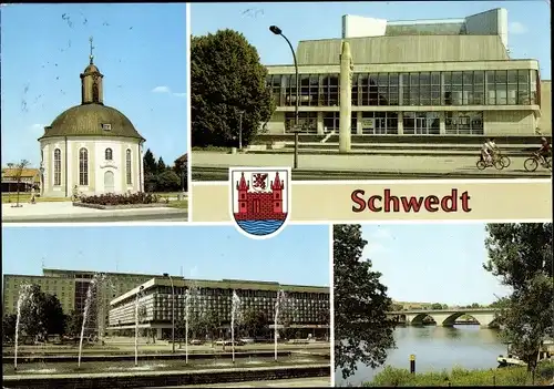 Ak Schwedt an der Oder, Berlischky Pavillon, Kulturhaus, Centrum Warenhaus, Brücke über den Kanal