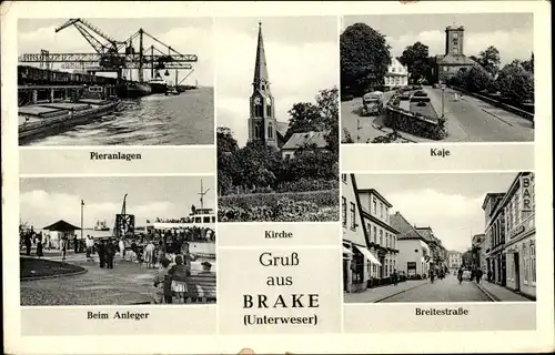 Ak Brake an der Unterweser in Oldenburg, Kaje, Breitestraße, Pieranlagen, beim Anleger, Kirche