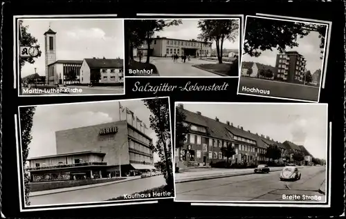 Ak Lebenstedt Salzgitter, Hochhaus, Kaufhaus Hertie, Martin-Luther-Kirche, Bahnhof, Breite Straße