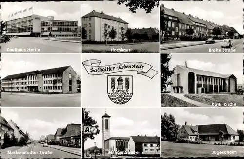 Ak Lebenstedt Salzgitter, Kaufhaus Hertie, Hochhaus, Breite Straße, Kirche, Berliner Straße