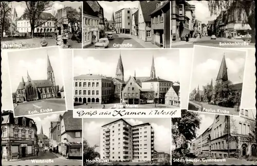 Ak Kamen in Westfalen, Katholische Kirche, Paulus-Kirche, Hochhäuser, Alter Markt, Ehrenmal