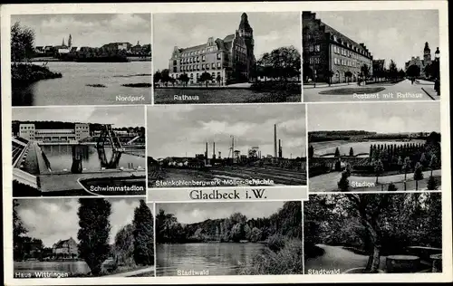 Ak Gladbeck Westfalen, Nordpark, Steinkohlenbergwerk Möller Schächte, Rathaus, Stadion, Stadtwald