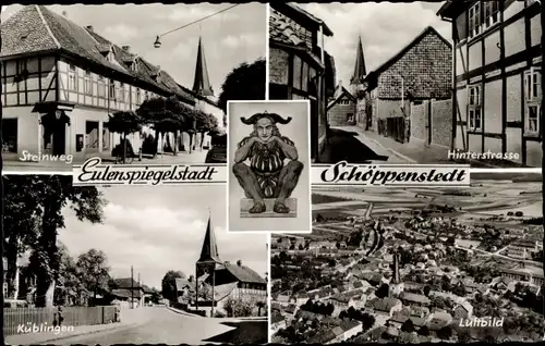 Ak Schöppenstedt in Niedersachsen, Eulenspiegelstadt, Steinweg, Hinterstraße, Küblingen, Luftbild