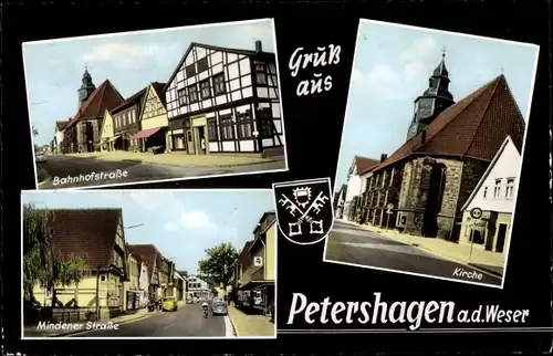 Ak Petershagen an der Weser, Wappen, Kirche, Mindener Straße, Bahnhofstraße, Fachwerkhaus