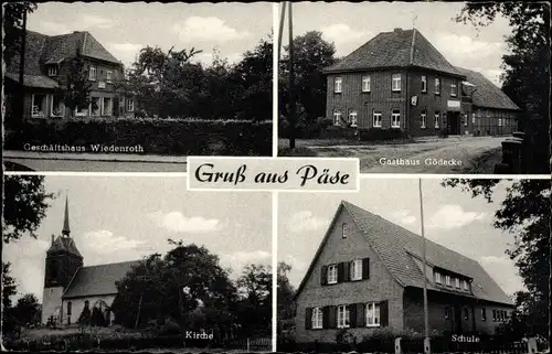 Ak Päse Meinersen im Landkreis Gifhorn, Geschäft Wiedenroth, Schule, Kirche, Gasthof Gödecke