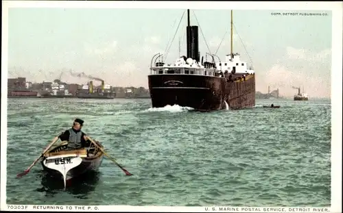 Ak Flussdampfer, Frachtschiff, Detroit River, US Marine Postal Service