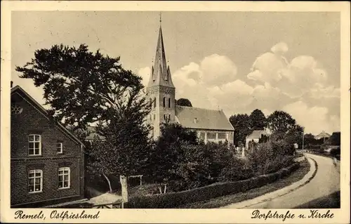 Ak Remels Uplengen in Ostfriesland, Dorfstraße, Kirche