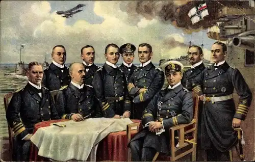 Künstler Ak Deutsche Seehelden, Weddigen, von Spee, Hipper, von Mücke, v. Müller, Kaiserliche Marine