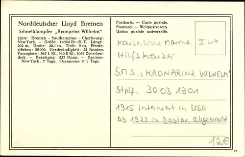 Ak Norddeutscher Lloyd Bremen, Dampfer Kronprinz Wilhelm vor New York