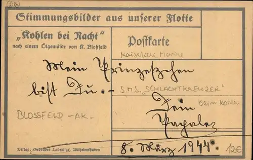 Künstler Ak Blossfeld, Kohlen bei Nacht, deutsches Kriegsschiff, Schlachtkreuzer, Kaiserliche Marine