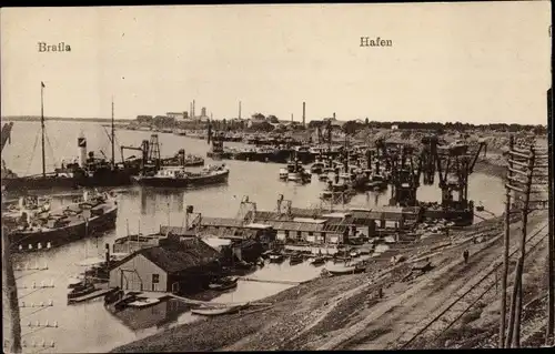 Ak Brăila Rumänien, Hafen, Gleise, Schiffe