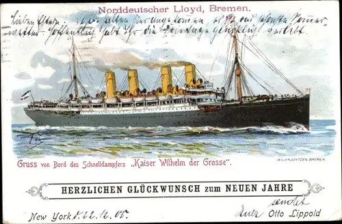 Künstler Litho Dampfer Kaiser Wilhelm der Große, Norddeutscher Lloyd