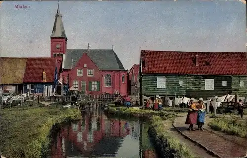 Photochromie Marken Nordholland Niederlande, Dorfpartie mit Kirche