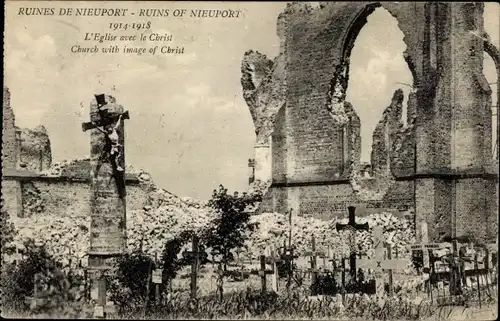 Postkarte Nieuport Nieuport Westflandern, Ruinen, Kirche mit Christus