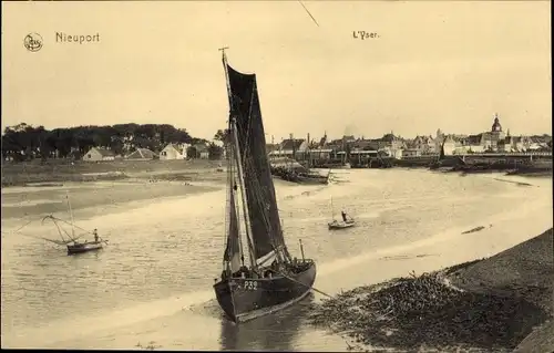 Ak Nieuport Westflandern, The Yser, Segelboot, Kirche