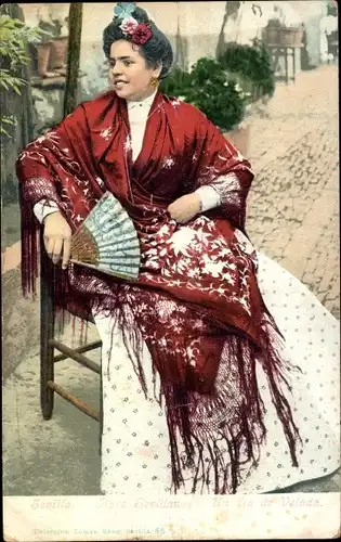 Ak Sevilla Andalusien, Frau in spanischer Volkstracht, Fächer