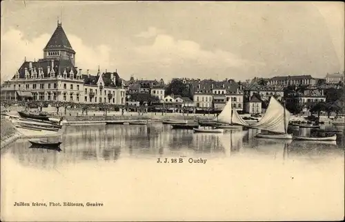 Ak Ouchy Lausanne Kanton Waadt, Gesamtansicht mit Hafen, Segelboote