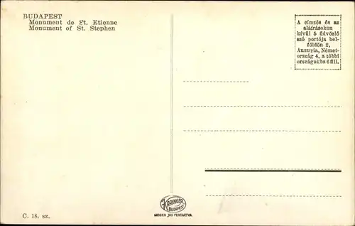 Ak Budapest Ungarn, St. Stephan Denkmal
