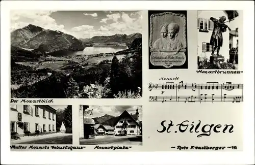 Ak Sankt Gilgen in Salzburg, Mozartblick, Mozartplatz, Mutter Mozarts Geburtshaus, Noten, Relief