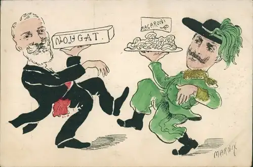 Ak Karikatur, Viktor Emanuel III mit Maccharoni, Emile Loubet mit Nougat