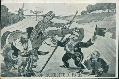 Ak Alfons XIII als Don Quichotte, Emile Loubet, Karikatur