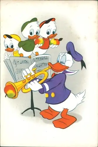 Künstler Ak Walt Disney, Donald Duck spielt Trompete, Tick, Trick, Track