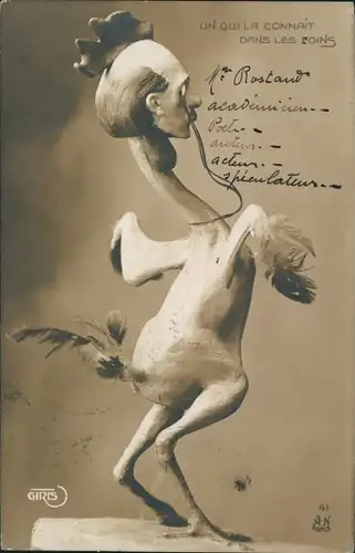 Ak Schriftsteller Edmond Rostand als gerupfter Hahn, Karikatur