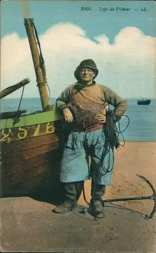 Ak Fischer mit Boot am Strand, Anker
