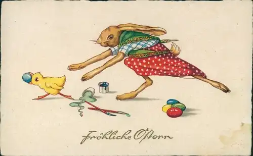 Ak Glückwunsch Ostern, Küken, Osterhase, Diebstahl, Ostereier