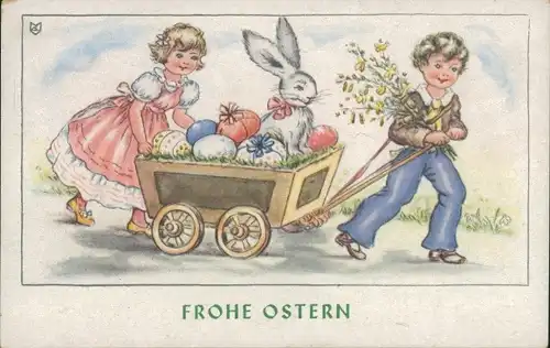 Künstler Ak Glückwunsch Ostern, Kinder, Osterhase, Ostereier