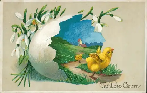 Ak Glückwunsch Ostern, Küken, Eierschale, Schneeglocken