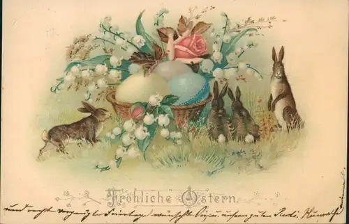 Litho Glückwunsch Ostern, Osterhasen, Korb, Ostereier, Maiglöckchen