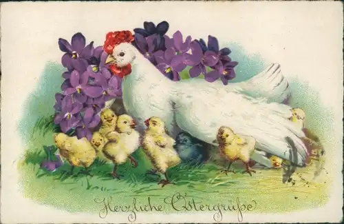 Ak Glückwunsch Ostern, Henne, Küken, Veilchen